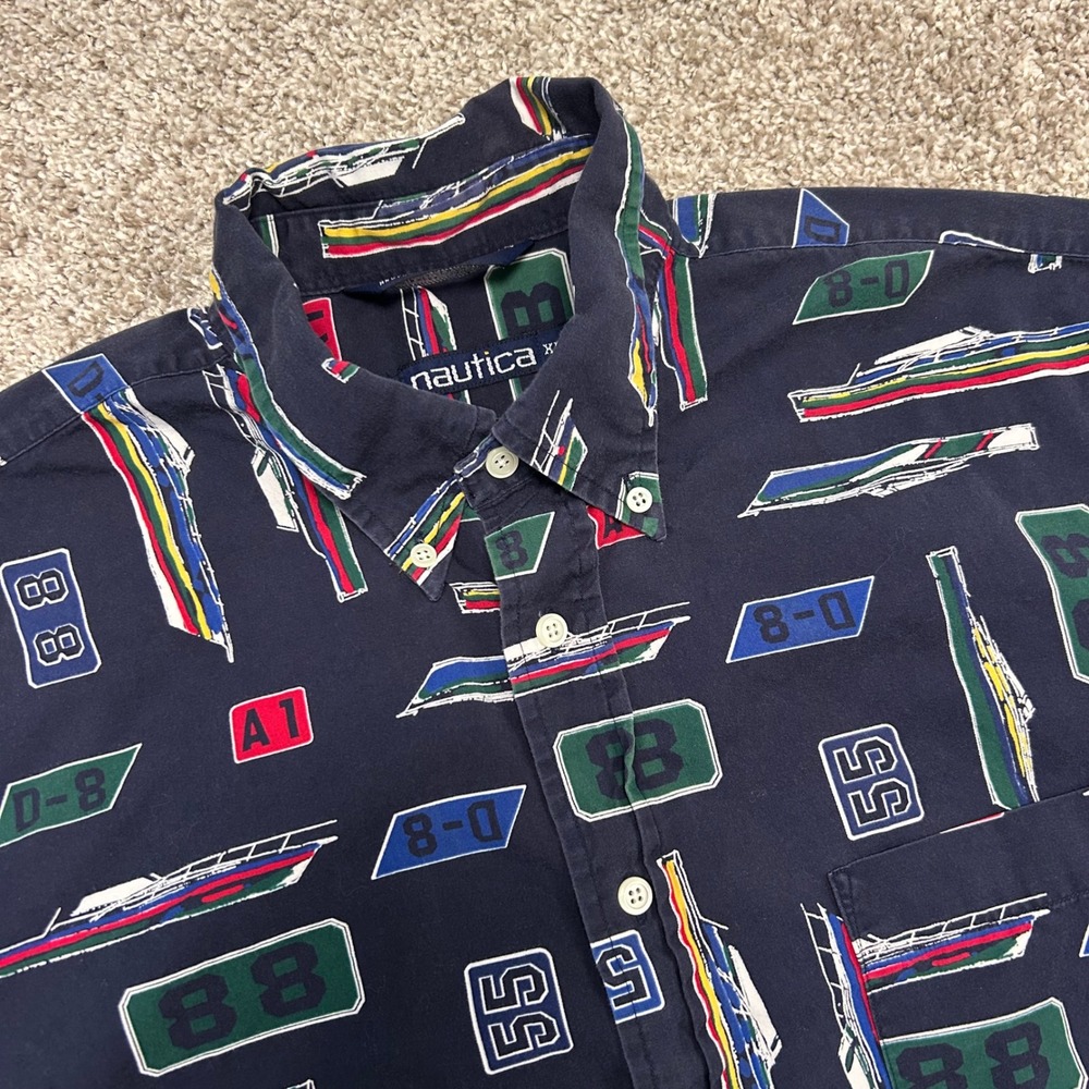 Vintage Nautica Button Front Sailing Shirt Men Size XL Sail Boat AOP Cotton 90s
